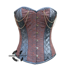 Brown Brocade With Leather Steampunk Costume for Halloween Overbust Corset Top