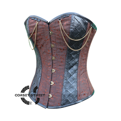 Brown Brocade With Leather Steampunk Costume for Halloween Overbust Corset Top