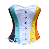 White, Royal Blue, Orange And Yellow Satin Aro-ace Color Costume Burlesque Halloween Corset Overbust Top