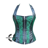 Green And Black Brocade Leather Shoulder Strap Halloween Overbust Corset