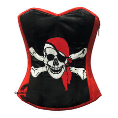 Red and Black Satin Pirate Sequins Work Costume Bustier Steampunk Waist Cincher Overbust Top