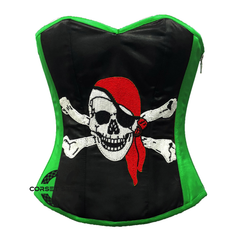 Green and Black Satin Pirate Sequins Hand Work Costume Bustier Steampunk Waist Cincher Overbust Top