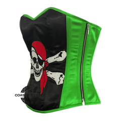 Green and Black Satin Pirate Sequins Hand Work Costume Bustier Steampunk Waist Cincher Overbust Top