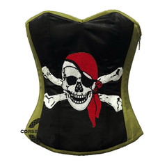 Olive Green and Black Satin Pirate Sequins Work Costume Bustier Steampunk Waist Cincher Overbust Top