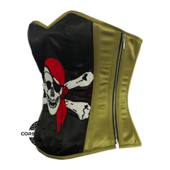 Olive Green and Black Satin Pirate Sequins Work Costume Bustier Steampunk Waist Cincher Overbust Top