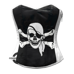 Black and White Satin Pirate Sequins Work Costume Bustier Steampunk Waist Cincher Overbust Top