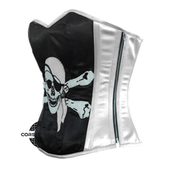 Black and White Satin Pirate Sequins Work Costume Bustier Steampunk Waist Cincher Overbust Top