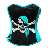 Baby Blue and Black Satin Pirate Sequins Hand Work Costume Bustier Steampunk Waist Cincher Overbust Top