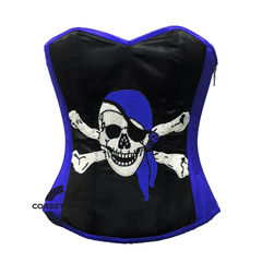Blue and Black Satin Pirate Sequins Hand Work Costume Bustier Steampunk Waist Cincher Overbust Top