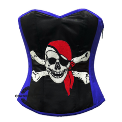 Blue and Black Satin Pirate Sequins Costume Bustier Steampunk Waist Cincher Overbust Top