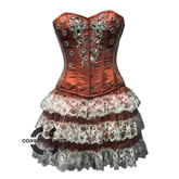 Brown Satin Silver Sequins Burlesque Dress With Net Frill Skirt Corset Gothic Overbust Costume