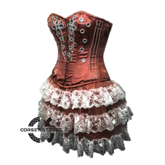 Brown Satin Silver Sequins Burlesque Dress With Net Frill Skirt Corset Gothic Overbust Costume