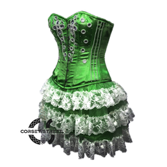 Green Satin Silver Sequins Burlesque Dress With Net Frill Skirt Corset Gothic Overbust Costume