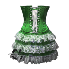 Green Satin Silver Sequins Burlesque Dress With Net Frill Skirt Corset Gothic Overbust Costume