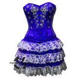 Blue Satin Silver Sequins Burlesque Dress With Net Frill Skirt Corset Gothic Overbust Costume