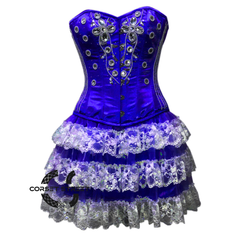 Plus Size Blue Satin Silver Sequins Burlesque Dress With Net Frill Skirt Corset Gothic Overbust Costume