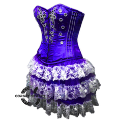 Blue Satin Silver Sequins Burlesque Dress With Net Frill Skirt Corset Gothic Overbust Costume