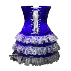 Blue Satin Silver Sequins Burlesque Dress With Net Frill Skirt Corset Gothic Overbust Costume