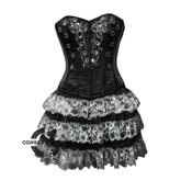 Plus Size Black Satin Silver Sequins Burlesque Dress With Net Frill Skirt Corset Gothic Overbust Costume