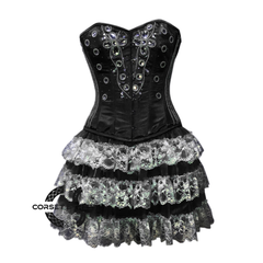 Plus Size Black Satin Silver Sequins Burlesque Dress With Net Frill Skirt Corset Gothic Overbust Costume