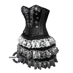 Plus Size Black Satin Silver Sequins Burlesque Dress With Net Frill Skirt Corset Gothic Overbust Costume