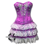 Purple Satin Silver Sequins Burlesque Dress With Net Frill Skirt Corset Gothic Overbust Costume