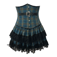 Blue Check Print Cotton With Leather Belt Steampunk Corset With Skirt Underbust Dress