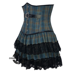 Plus Size Blue Check Print Cotton With Leather Belt Steampunk Corset With Skirt Underbust Dress