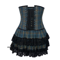 Plus Size Blue Check Print Cotton With Leather Belt Steampunk Corset With Skirt Underbust Dress