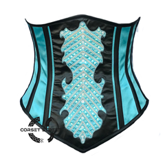 Plus Size Baby Blue And Black Leather With Sequins Underbust Corset Burlesque Costume