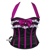 Plus Size Purple And Black Satin With Front Bow Halter Neck Burlesque Gothic Overbust Corset Top