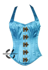 Baby Blue Satin With Shoulder Strap Front Clasp Burlesque Overbust Corset Bustier Top
