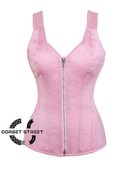 Baby Pink Satin Gothic Overbust Corset  With Shoulder Strap Plus Size Bustier Top
