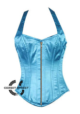 Baby Blue Satin Halter Shoulder Strap Burlesque Overbust Corset Plus Size Bustier Top