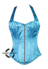 Baby Blue Satin Halter Neck Shoulder Strap Burlesque Overbust Corset Plus Size Bustier Top