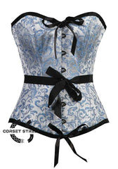 Baby Blue Brocade With Front Bow Gothic Burlesque Waist Training Overbust Corset Plus Size Bustier Top