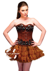 Brown Satin Black Sequins Top & Tissue Tutu Skirt Waist Cincher Overbust Corset Dress