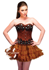 Brown Satin Black Sequins Top & Tissue Tutu Skirt Waist Cincher Overbust Corset Dress