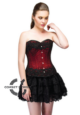 Red Satin Black Handmade Sequins Overbust & Tutu Skirt Women Corset Dress