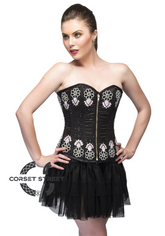 Black Satin Handmade Sequins Waist Cincher Overbust Top & Tutu Skirt Plus Size Corset Dress