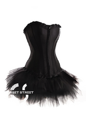 Black Satin Black Tutu Skirt Gothic Burlesque Bustier Waist Training Costume Overbust Corset Dress