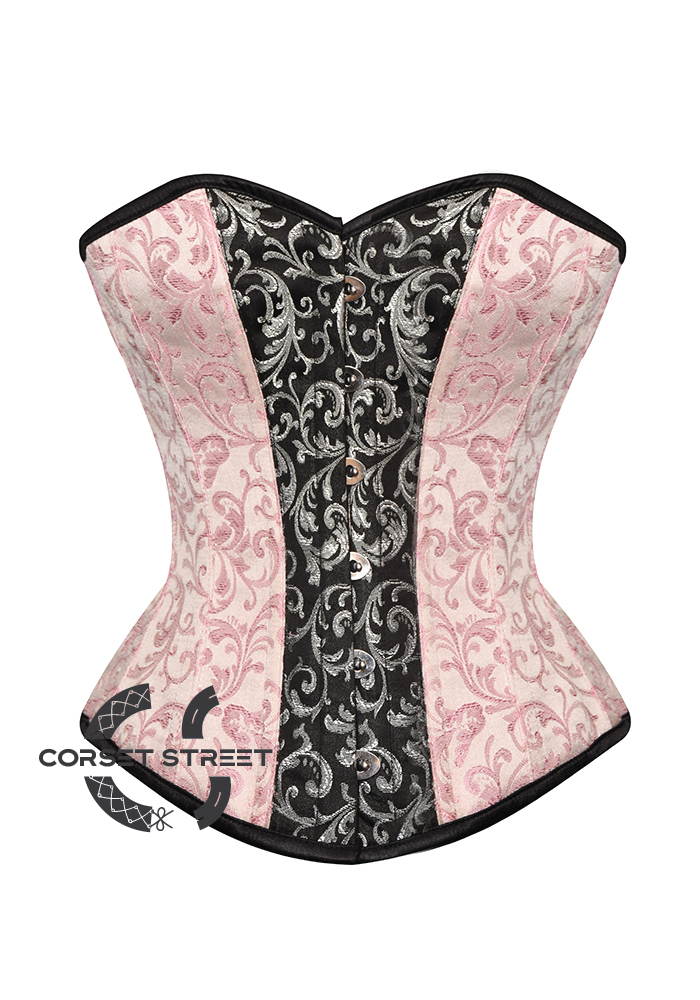 Pink & Black Silver Brocade Overbust Pink Corset
