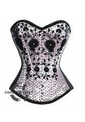 White Satin Black Handmade Sequins Gothic Burlesque Bustier Overbust Plus Size Corset Costume