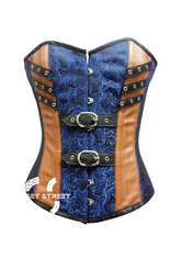 Blue Brocade Brown Leather Gothic Steampunk Bustier Waist Training Overbust Corset Costume