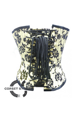 Yellow Satin Black Tissue Flocking Gothic Burlesque Bustier Waist Training Overbust Plus Size Corset Costume