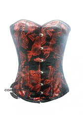 Red Flower Printed Satin Front Open Busk Waist Cincher Women Overbust Plus Size Corset Top