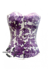 White Glass Fabric Purple Satin Front Open Busk Waist Cincher Women Overbust Plus Size Corset Top
