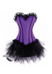 Purple Satin Black Tutu Skirt Gothic Burlesque Bustier Waist Training Costume Overbust Plus Size Corset Dress