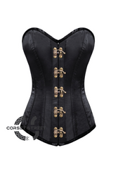 Black Satin Bronze Seal Lock Gothic Steampunk Bustier Waist Training LONG Overbust Plus Size Corset Costume