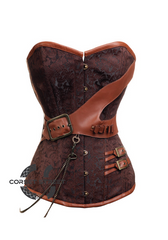 Brown Brocade Leather Buckles Chain Gothic Steampunk Bustier Period Costume Waist Training Overbust Corset Top